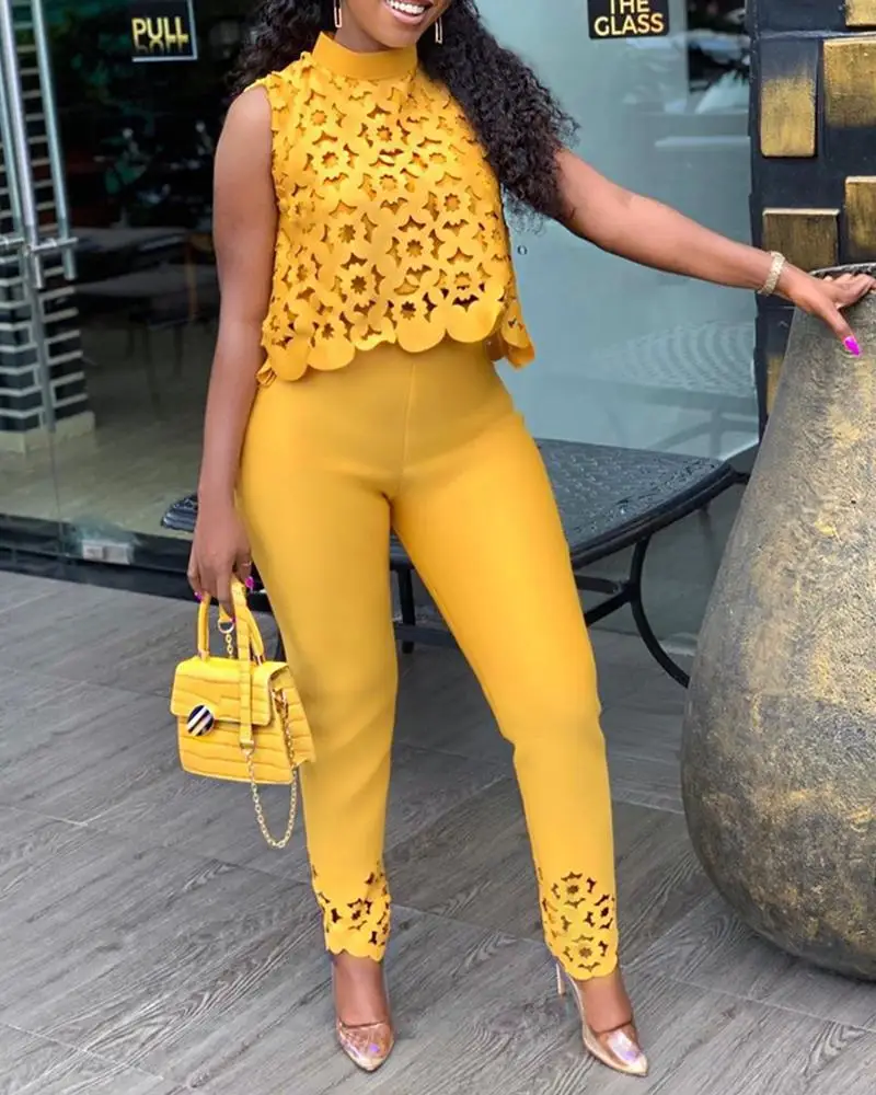 

High Neck Lace Hollow Out Top & Pants Set Women 2pcs Clothes Suit Spring Summer Sleeveless Vest Tops Tank Pencil Pants