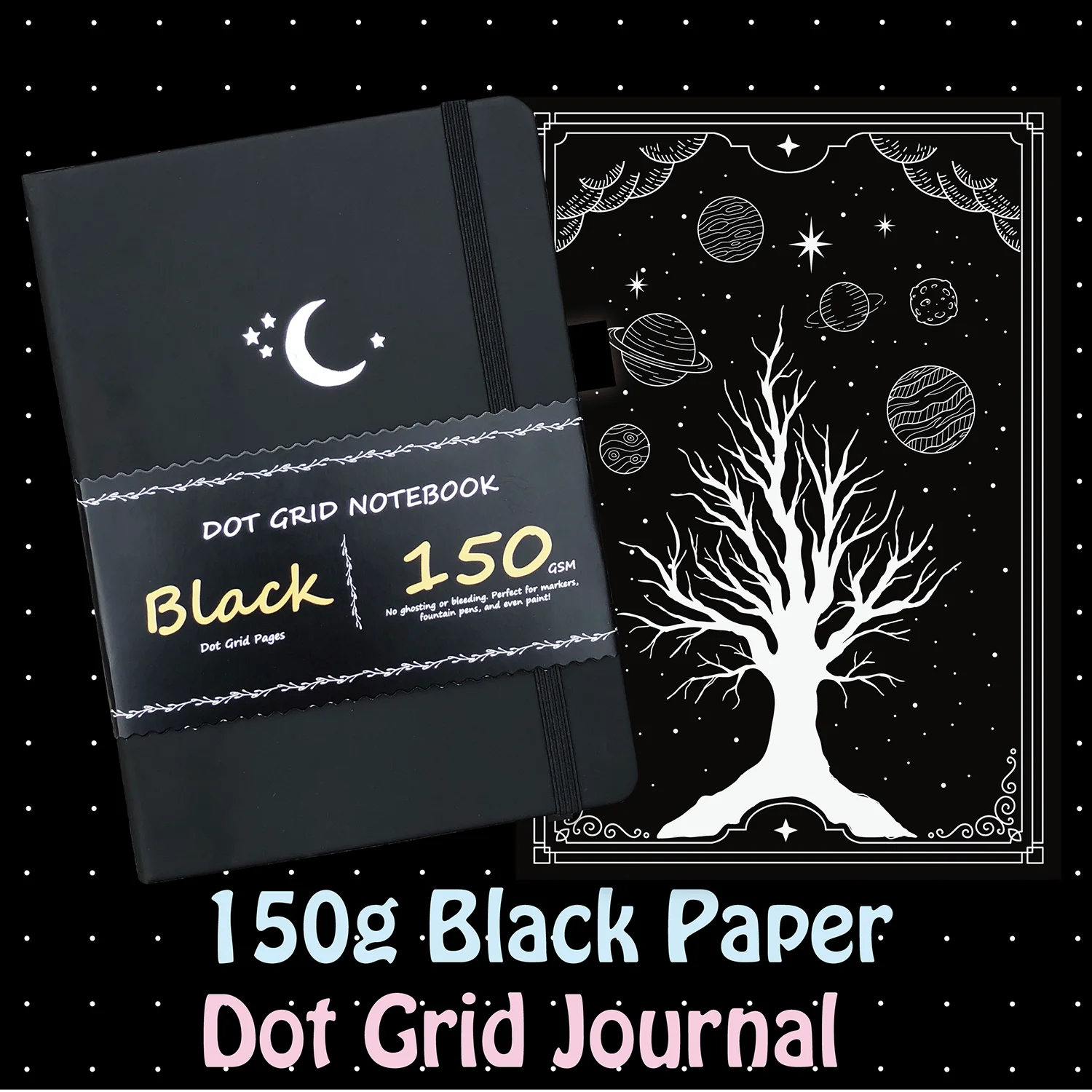 Bullet Dotted Notebook Black Paper Dot Grid Journal Sketchbook Drawing 160 Pages