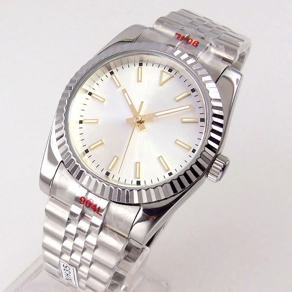 

36mm Fluted Bezel Wristwatch Men NH35A MIYOTA Baton Luminous Hand Silver Sterile Dial