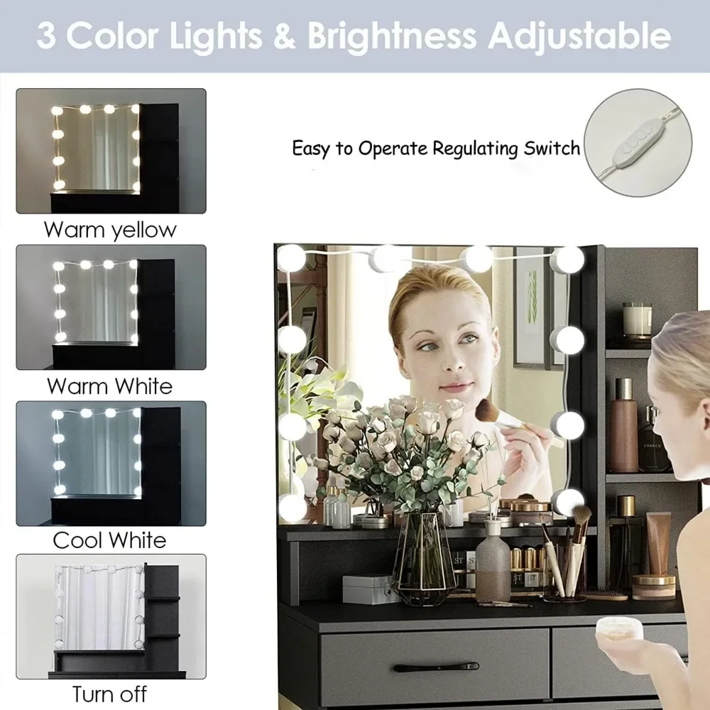 Туалетный столик для макияжа с зеркалом подсветкой и зарядной станцией черный