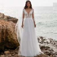 bohemian deep v neck wedding dress lace applique three quarter sleeve beach bridal gowns backless a line tulle vestidos de novia