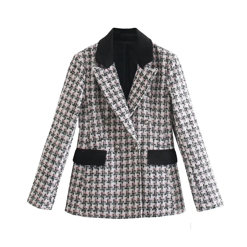 

BM&MD&ZA European Women Chic Color Block Plaid Print Twill Blazer Ladies Casual Soft Twill Blazers Outfit Coat Office Lady