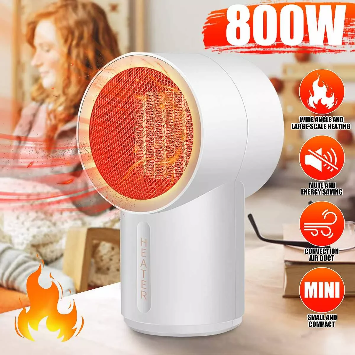 

800W Portable Heater Electric Home Heaters Mini 220V Room Mute Air Heater PTC Ceramic Heating Warmer Fan for Home Office Camping