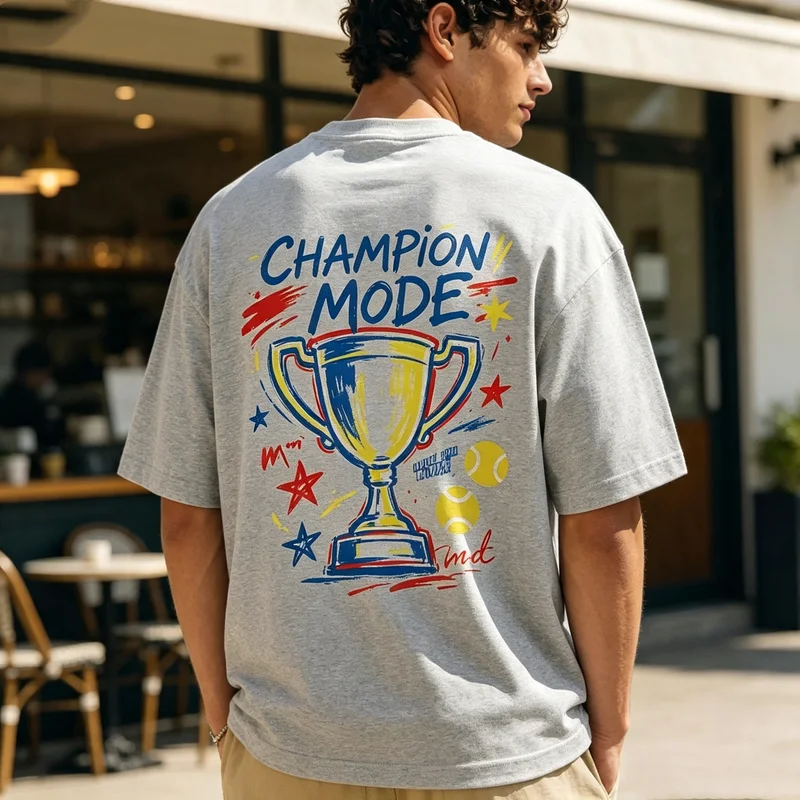 Фото Винтажная футболка Champion Mode Trophy с двусторонним принтом, хлопковая, с коротким рукавом, в стиле французского ретро, теннисная, повседневная, летняя, уличная одежда. №5