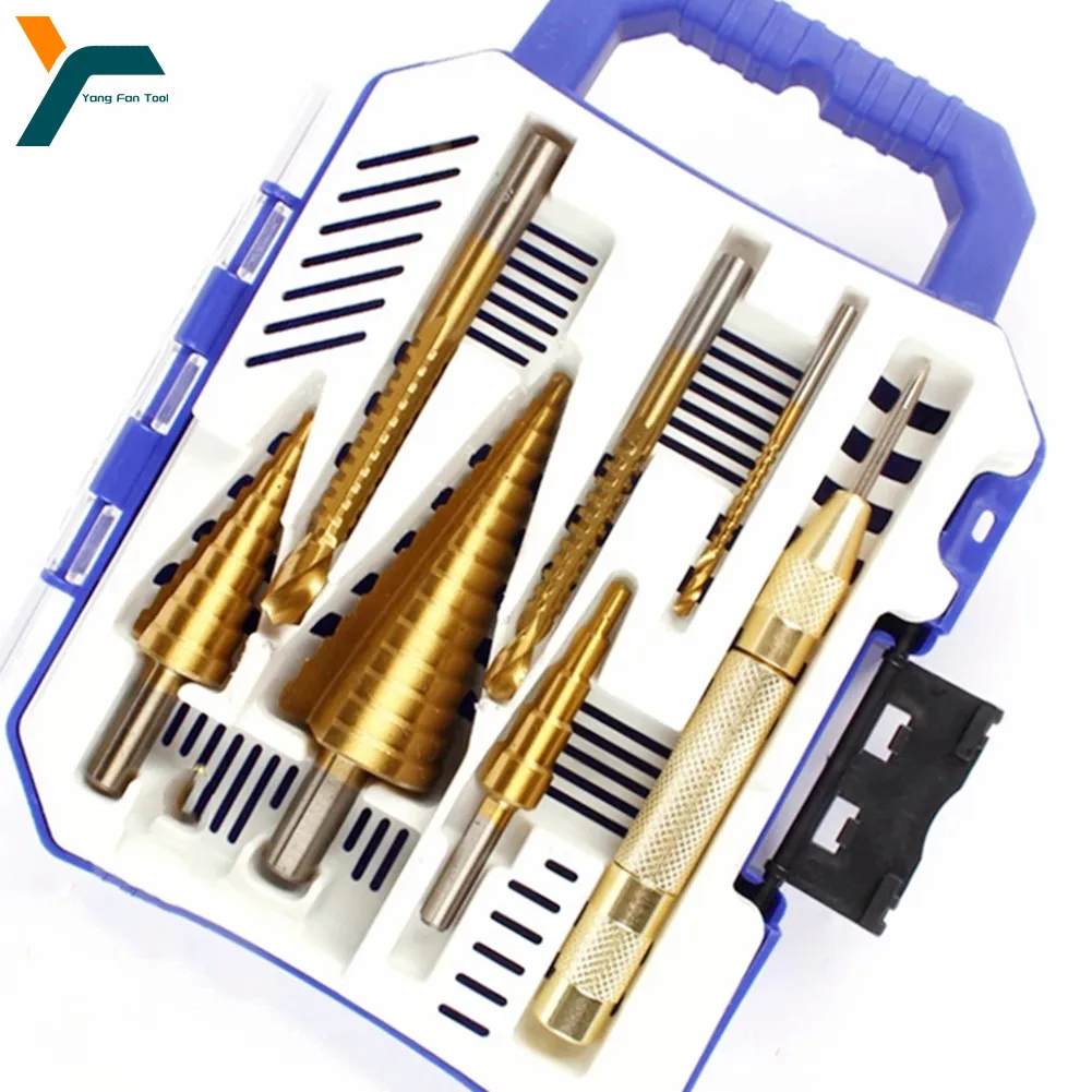 7Pcs Step Drill Bit Saw Drill Set Center Punch Titanium Milling Cutter 4-12 4-20 4-32mm 3 6 8mm Woodwork Metal Core Hole Opener