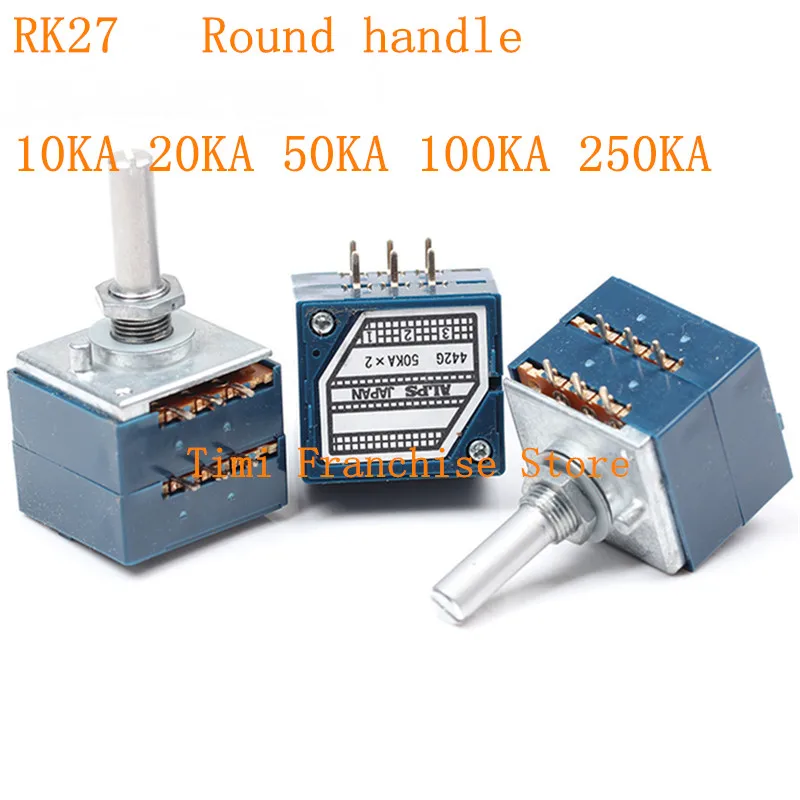 1PCS 100% NEW ALPS RK27 Volume LOG Stereo Potentiometer 2-gang Dual RK27 10K/20K/50K/100K/250KA X2 Potentiometer Round handle