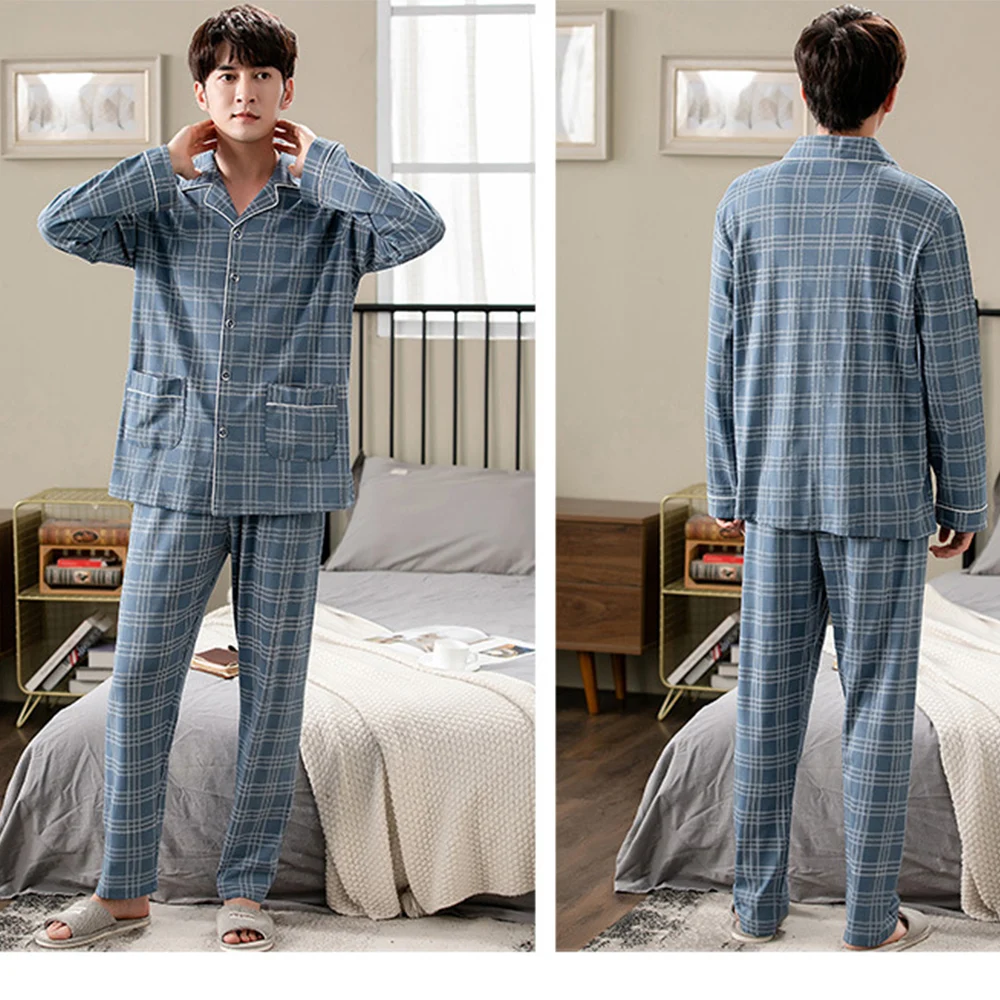Spring Autumn 100% Cotton Pajamas for Men Casual Plaid Pajama Sets Plus Size Men 4XL Long Sleeve Sleepwear Comfortable Pijama