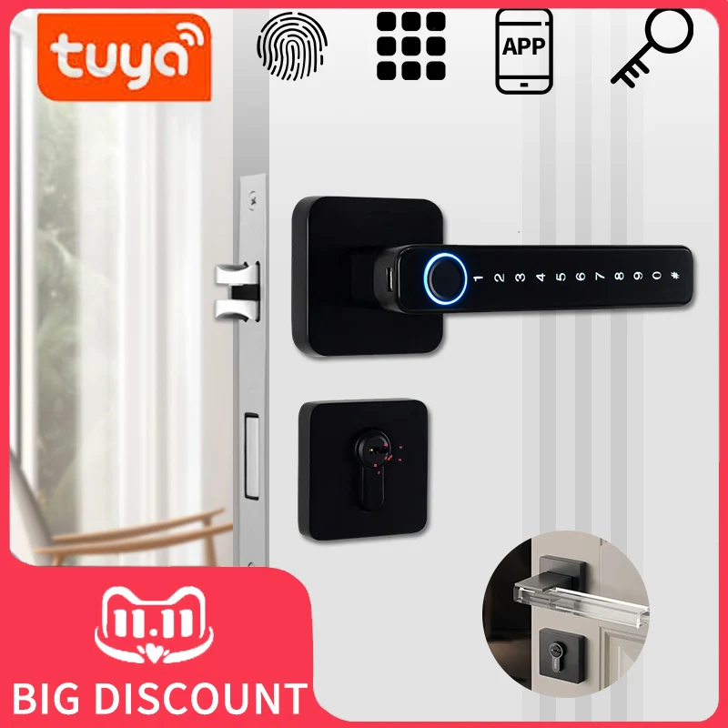 

2023 Smart Door Handle Fingerprint Password Remotely Unlock Digital Lock Tuya App Keyless Entry for Doors Smart Electronic Lock