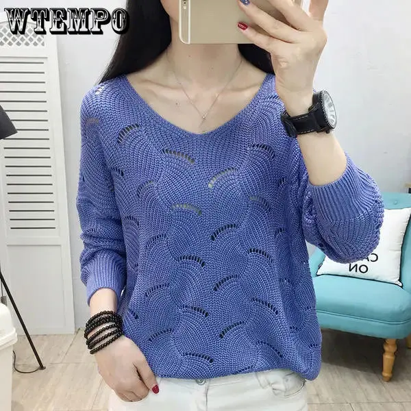 

Hollow Knit Sweater Women's Loose Pullover Top Korean V-neck Bottoming Shirt Spring and Autumn Solid Color Casual Cropped Tops