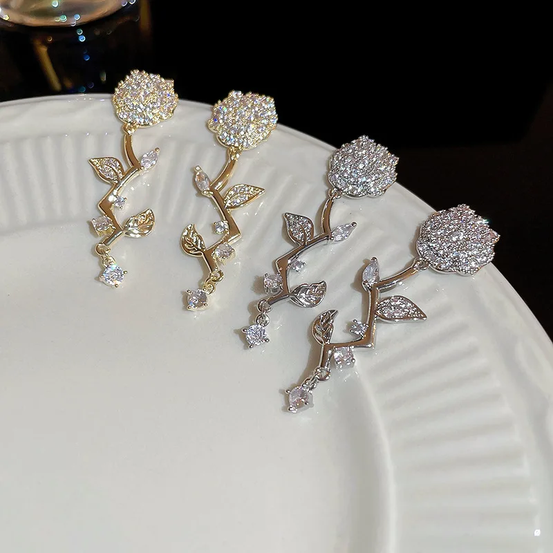 

Korean New Luxury Earrings Shiny Zirconia Rose Flower Leaf Branch Earrings For Women Party Wedding Bijoux Pendientes Mujer