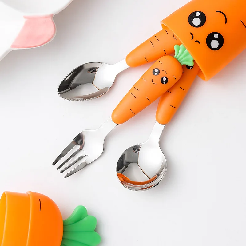 

3PCS Carrots Set Children Kids Dinnerware Stainless Steel Spoon Fork Flatware With Box Baby Feeding Kitchen Tableware Supplies