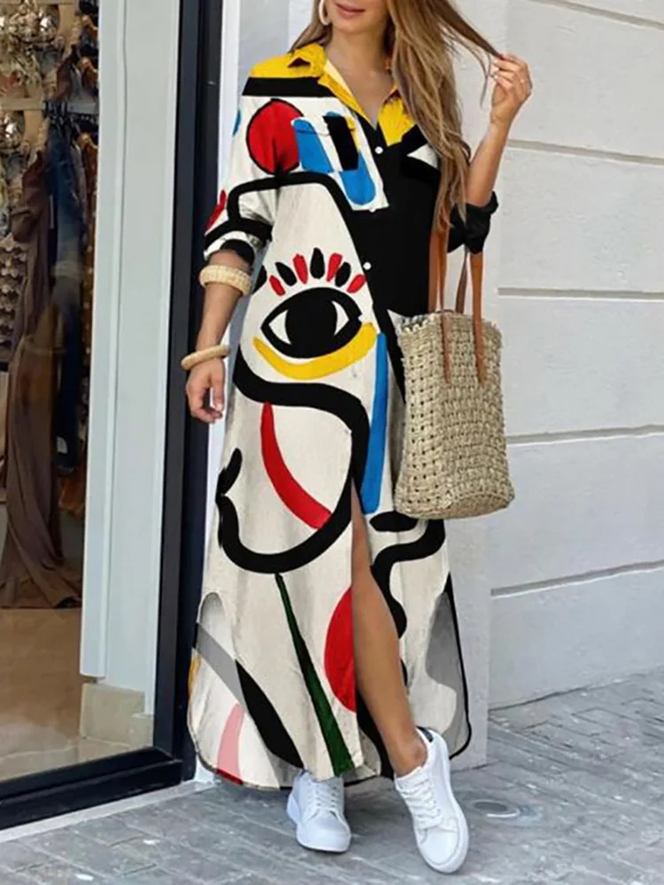 

Spring Summer Print Loose Long Dress Women Button Patchwork Streetwear Casual Dress Femme Vintage V Neck Long Sleeve Maxi Dress