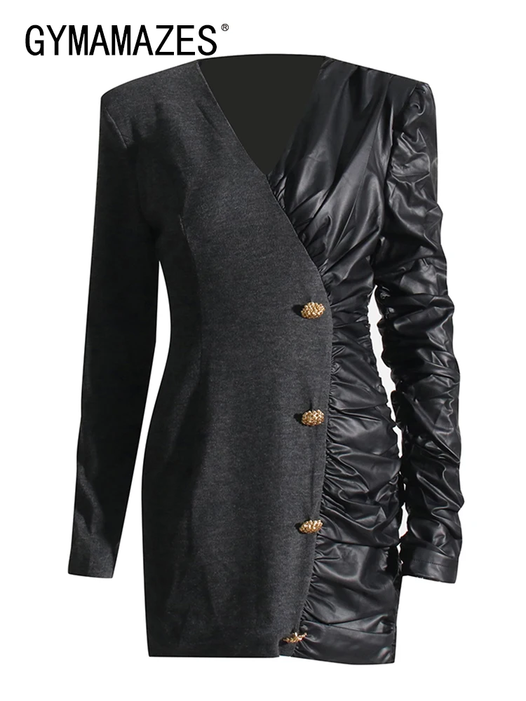 

Платье женское кожаное составного кроя с V-образным вырезом и длинным рукавом