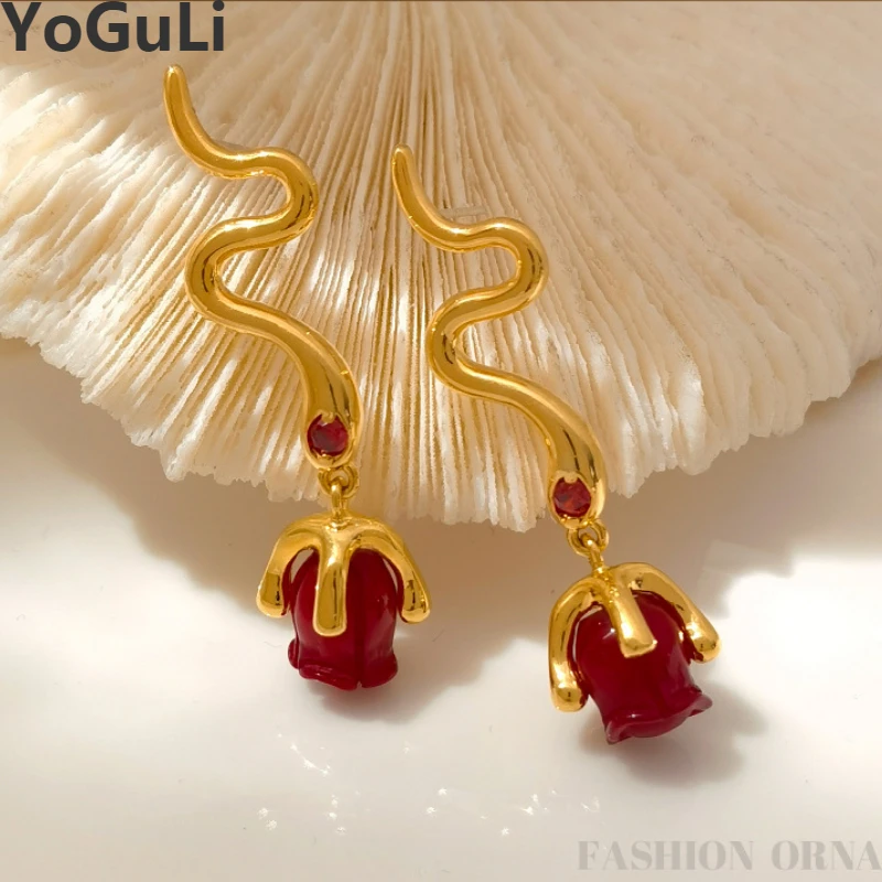 

Modern Jewelry 925 Silver Needle High Quality Brass Thick Gold Color Red Flower Earrings For Women Party Wedding Gift 2023 New