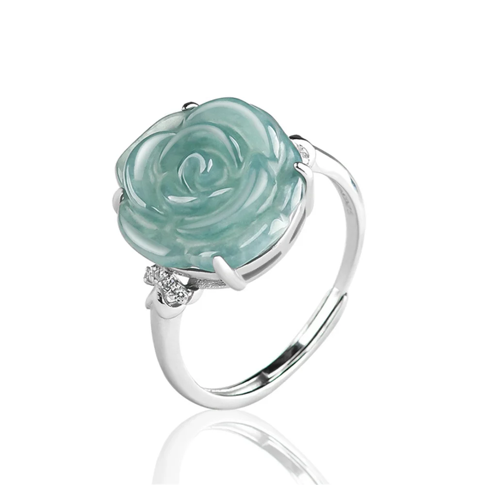 

925 Silver Natural Ice Green Jadeite Carved Rose Flower Lucky Ring Adjustable Certificate Handicraft Luxury Jade Vintage Jewelry