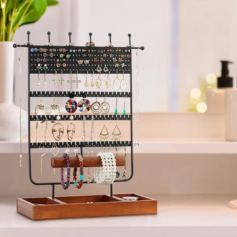 Iron Art Earring Stand Earrings Box Solid Wood Jewelry Storage Display Necklace Ornament Ring Bracelet Jewelry Display Stand