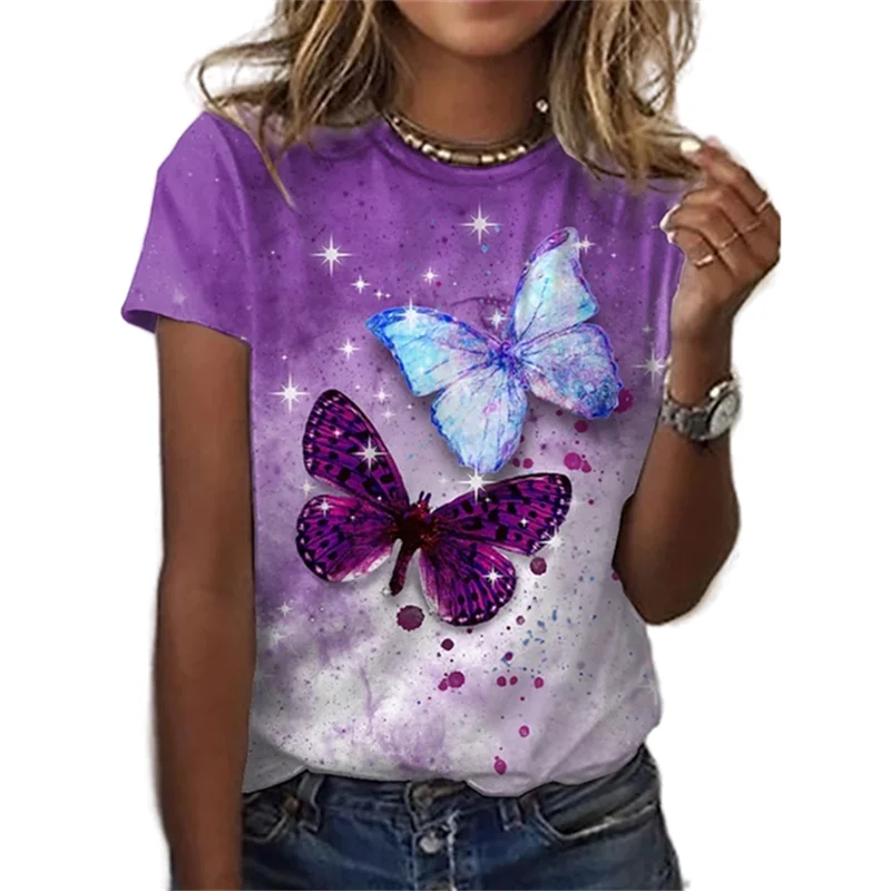 

Fashion Women's Short Sleeve 3D Printed Round Neck Butterfly Printed T-Shirt Casual Summer New Top Breathable Women's T-Shirt