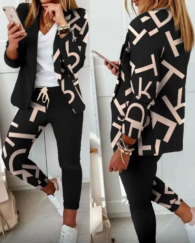 

Women's Suits Elegant Letter Print Long Sleeve Blazer & Fashion Drawstring Work Office Pants Set Two Piece Set Women Outfit 2023