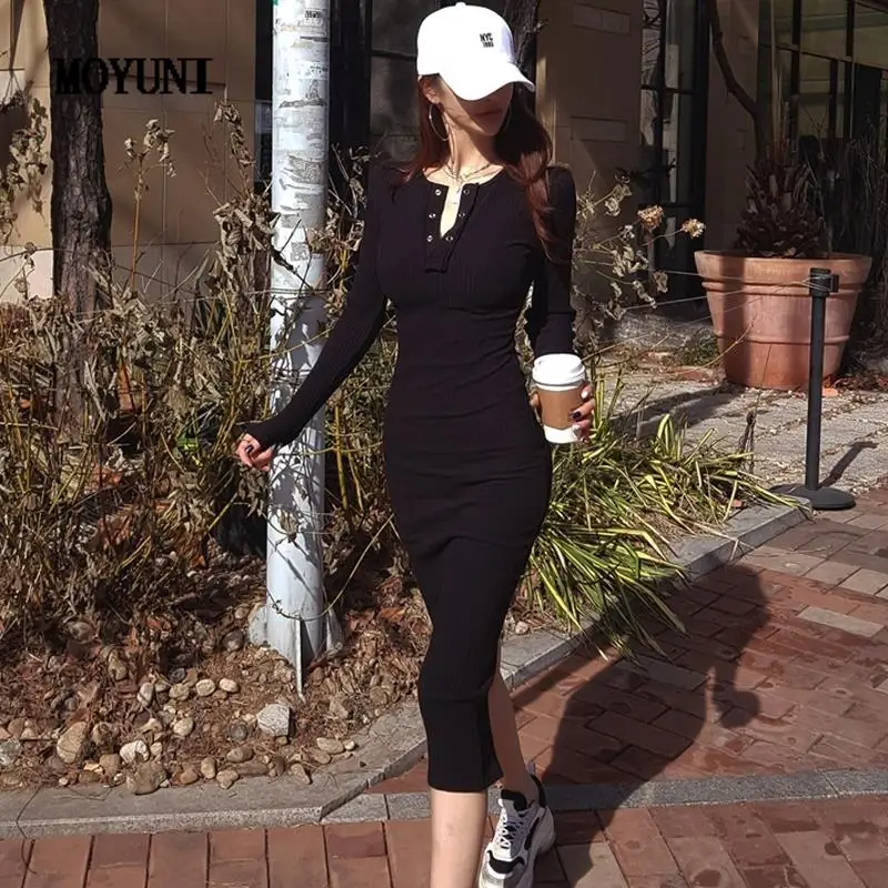 

Robe Femme Autumn Round Button Long Sleeve Black Dress Women Knit Wrap Hip Split Casual Vestidos Elegantes Para Mujer Slim