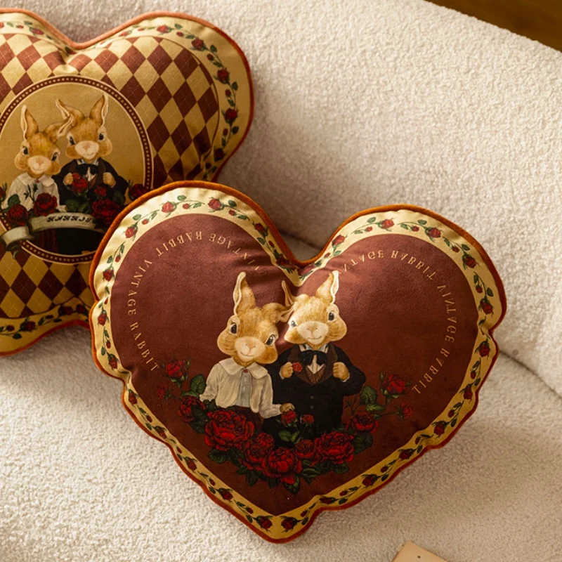 

Love Bunny Brown Check Heart Rabbit Cushion Chic Velvet Stuffed Soft Pillow for Sofa Office Rest Throw Present Chair Bedding