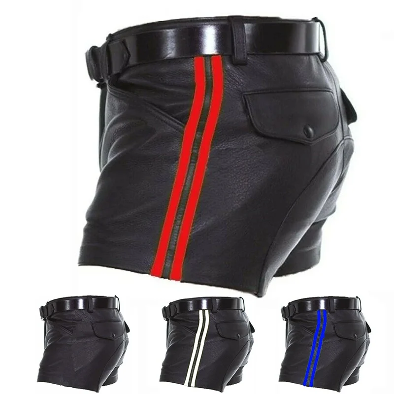 

Mens Leather Soft Black with Stripes Shorts Half Pant Sexy Short Style GYM Shorts (No belt)