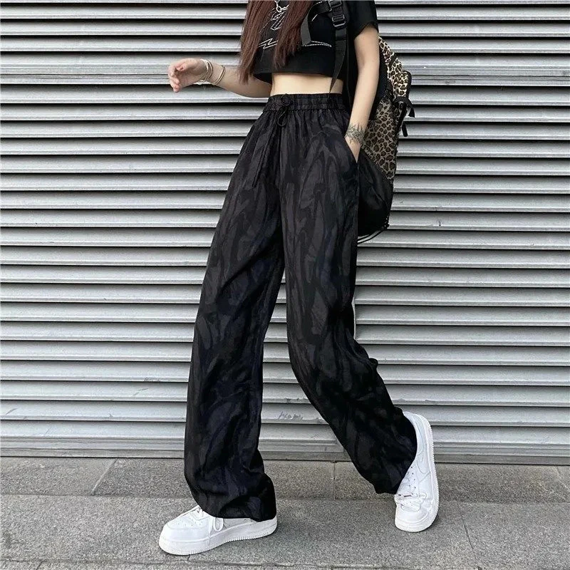 

MEXZT Summer Tie Dye Wide Leg Pants Women Streetwear Retro Black High Waist Print Casual Pants Bf Korean Straight Loose Trousers