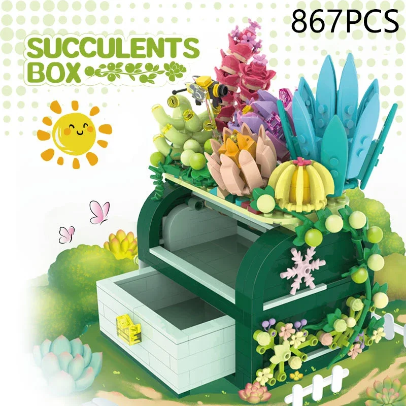 

867PCS Succulent Plant Treasure Box Building Blocks Girls Creative Storage Box Model Assembly Bricks Children Christmas Gifts