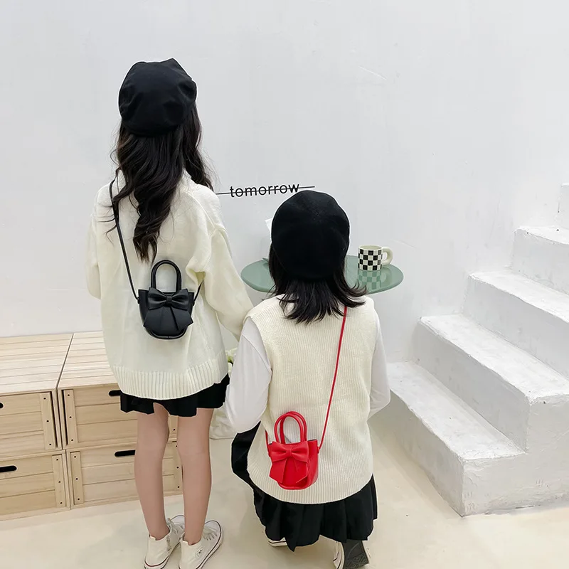 Cute Kids Bow-Knot Shoulder Bag PU Leather Messenger Purse Bag Girls Single Strap Crossbody Handbag Purse Small Fashion Backpack