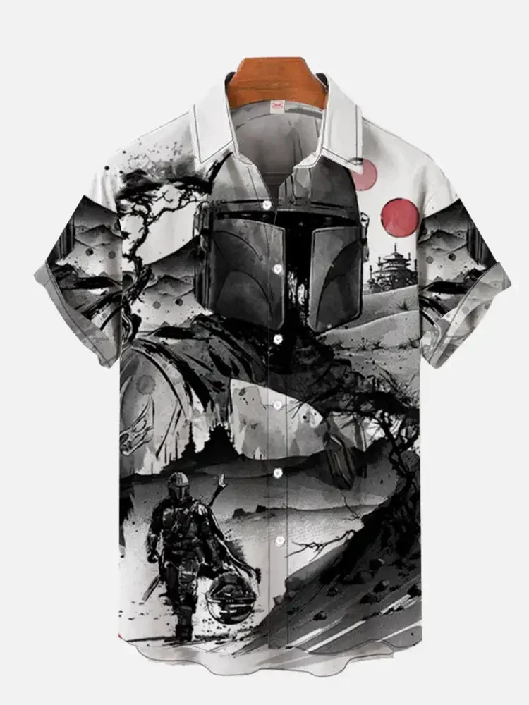 Casual Fashion Men's Summer Shirt Ukiyo-e Retro Masked Samurai Landscape Painting Digital Print Short Sleeve