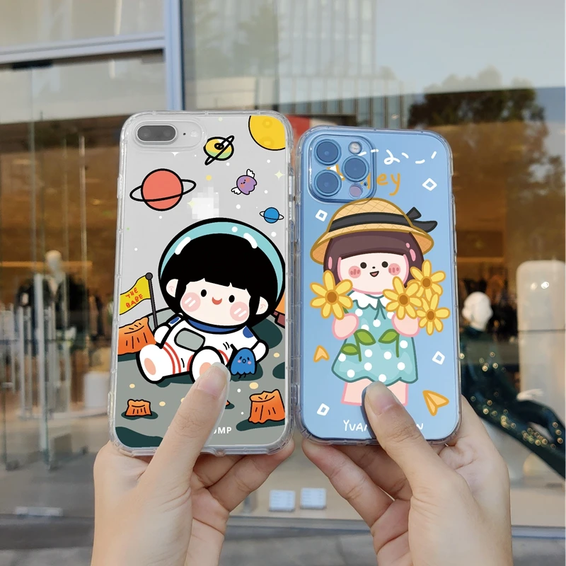 

Cartoon Cute Boy and Gril Phone Case For iPhone 13 12 Pro Max X XR 11 Pro XS Max 7 8 6s Plus SE2 Case Transparent Soft TPU Cover