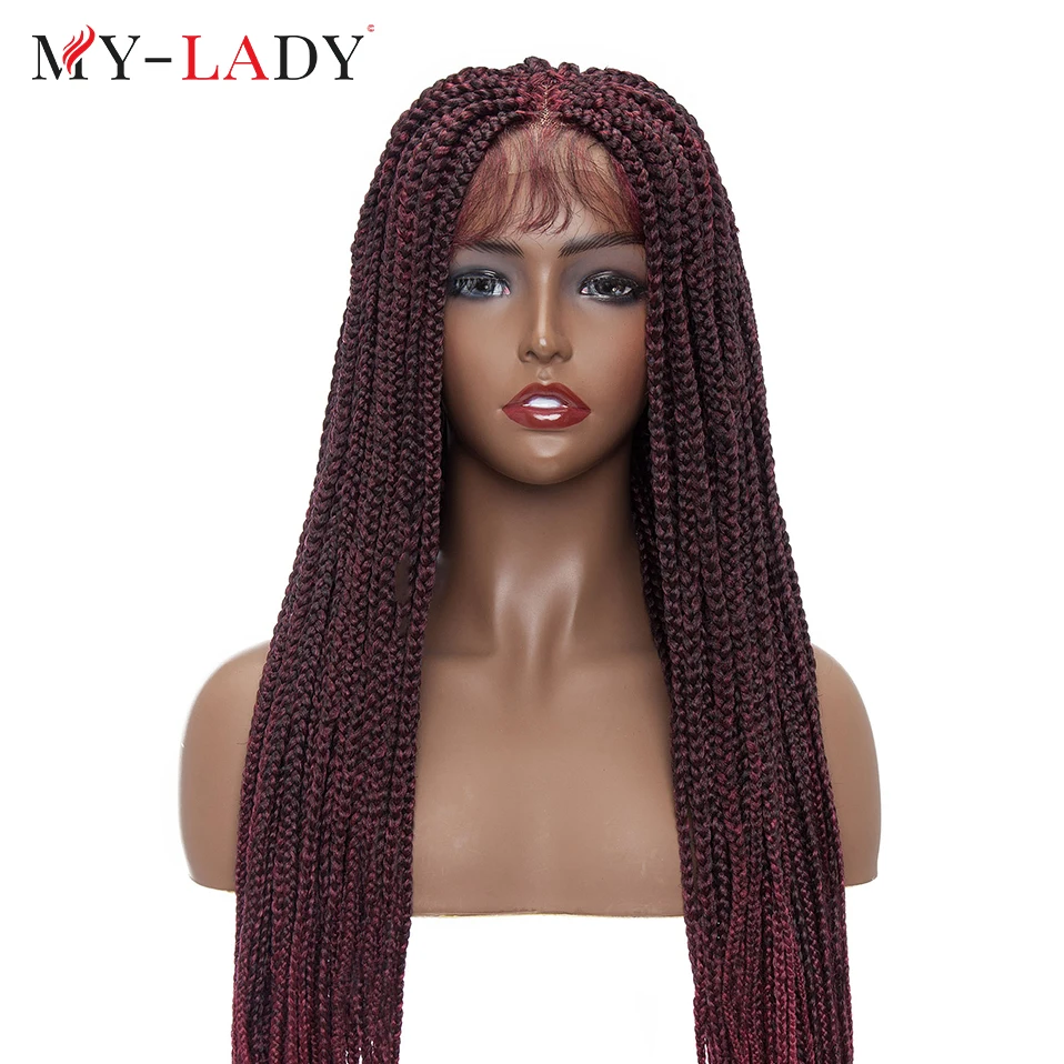 My-Lady 32inches Synthetic 4X4 Lace Front Wig Braided Wigs Red For Woman Brazilian Long Straight Soft Frontal Box Braiding Hair
