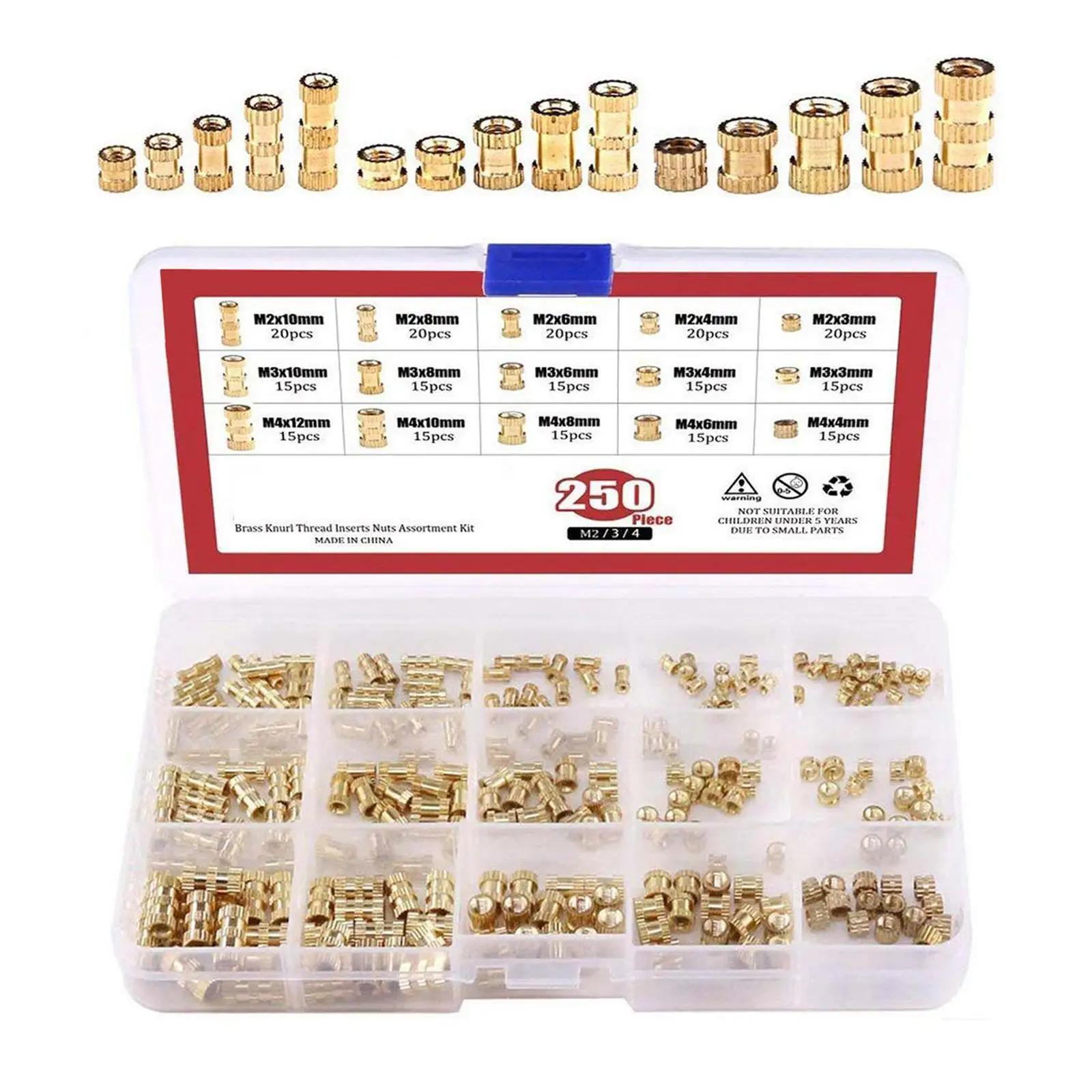 

250 Pieces M2 M3 M4 Copper Threaded Inserts Nut Assortment Kit for Daily Repair