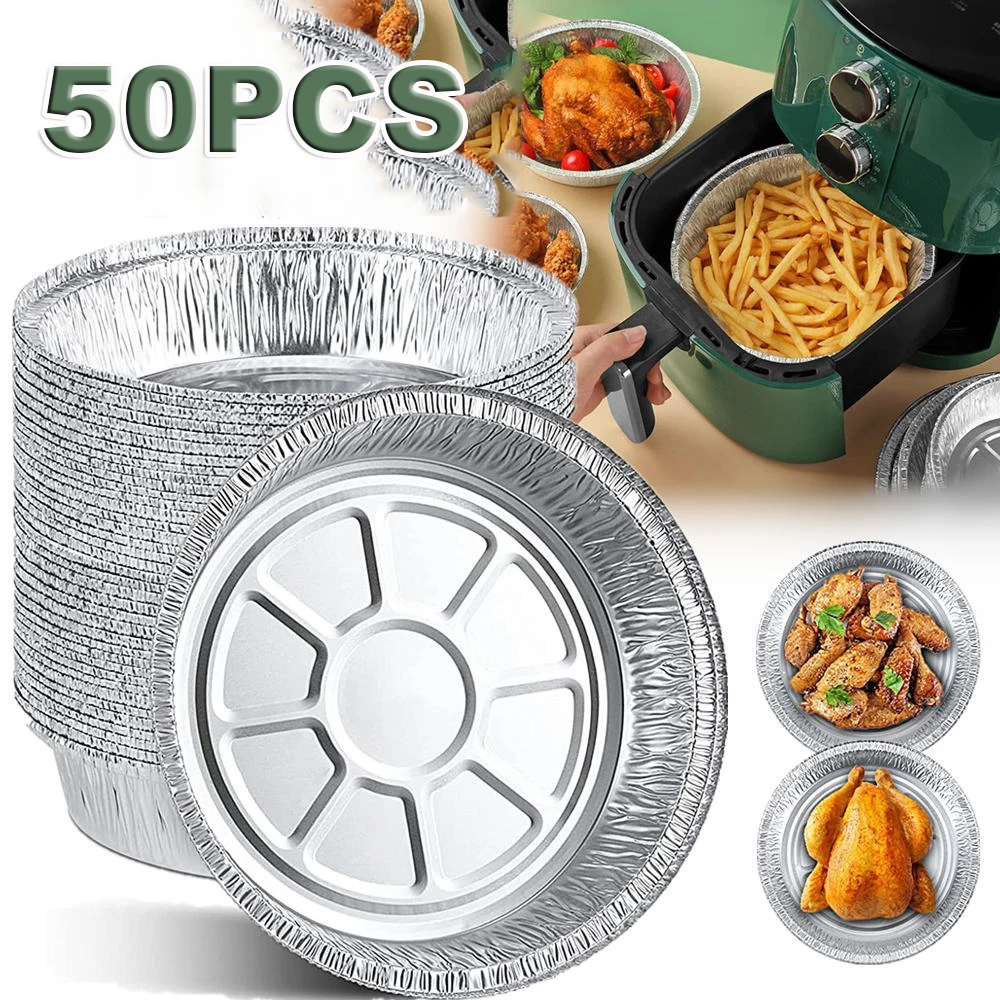 

50pcs Oil-Proof Aluminum Foil Tin Box Air Fryer Disposable Paper Liner Non-Stick Steaming Basket Kitchen Tool BBQ Drip Pan Tray