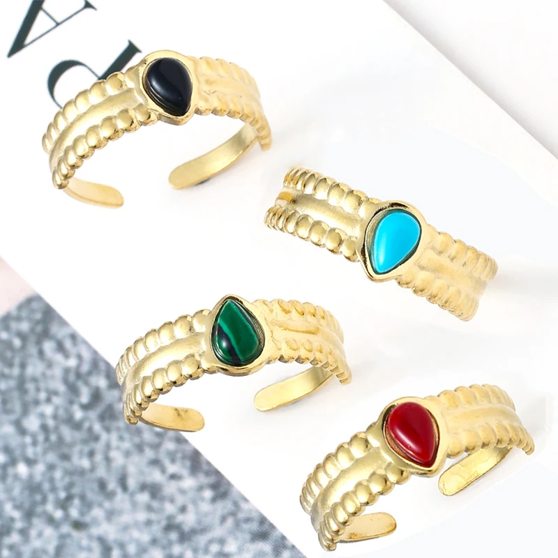 

Stainless Steel Rings Gold Bohemian Natural Stones Ring for Women Luxury Vintage Adjustable Open Ring Trendy Woman Jewelry 2022