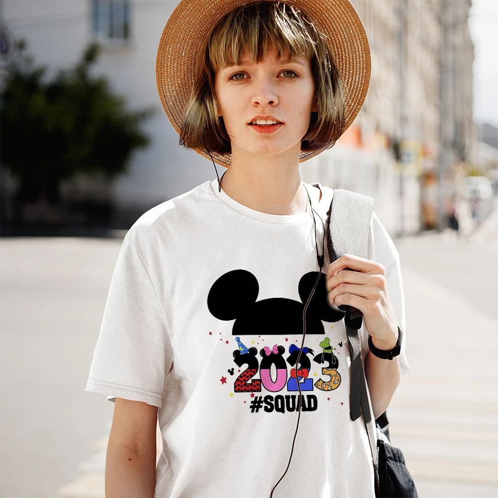 

2023 Disney Squad Women T-shirts New Arrivals Fashion Short Sleeve Family Clothes O-neck Casual Tops Y2k Trend Blouses Female