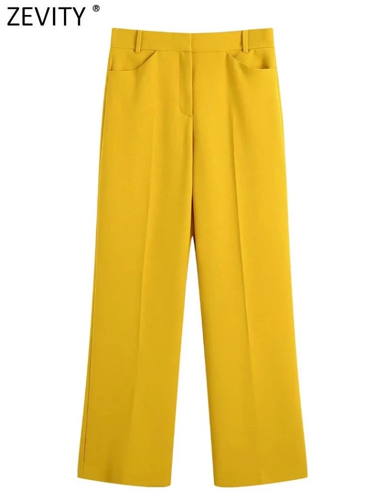 

Zevity Women Fashion Front Pockets Texture Yellow Flare Pants Female Chic High Waist Zipper Fly Casual Long Trousers P1290