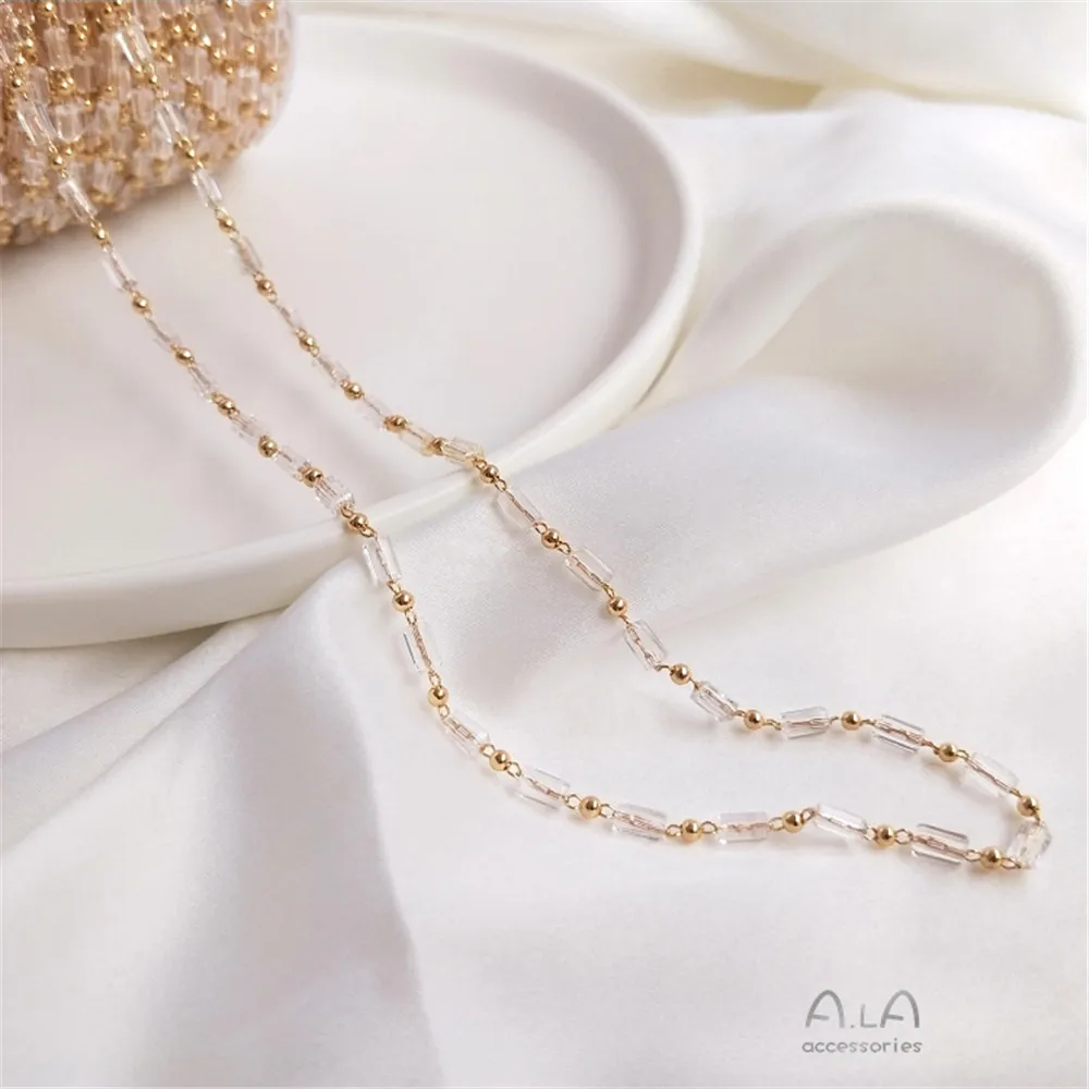 

Plated 14K Gold Filled Crystal flash zirconium cut square tube with gold bead handwork loose chain DIY first jewelry chain