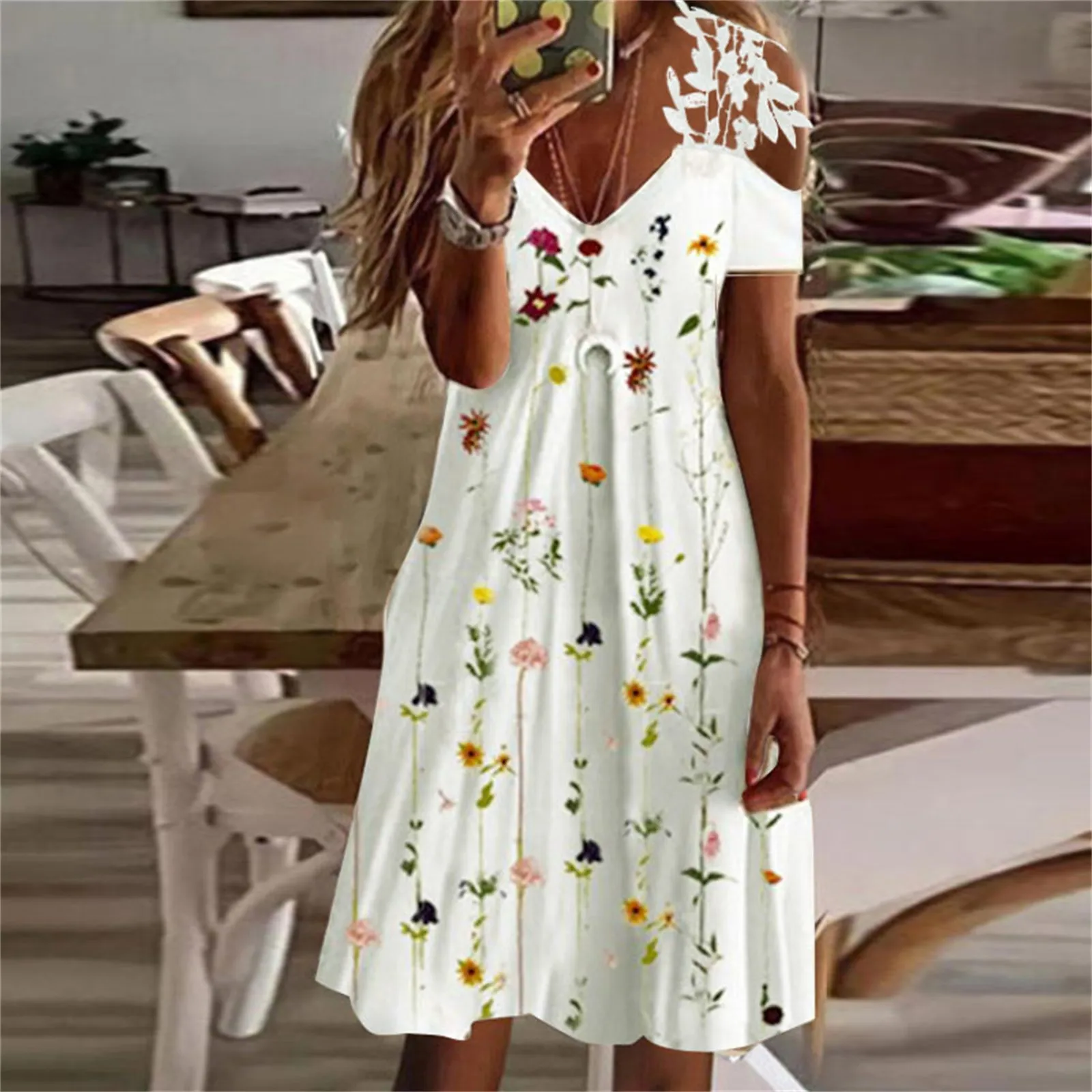 

Women Dresses Fashion Lace Strap Floral Dress Sexy Cold Shoulder V Neck Short Sleeve Beach Party Vestidos Casual Vacation Outfit