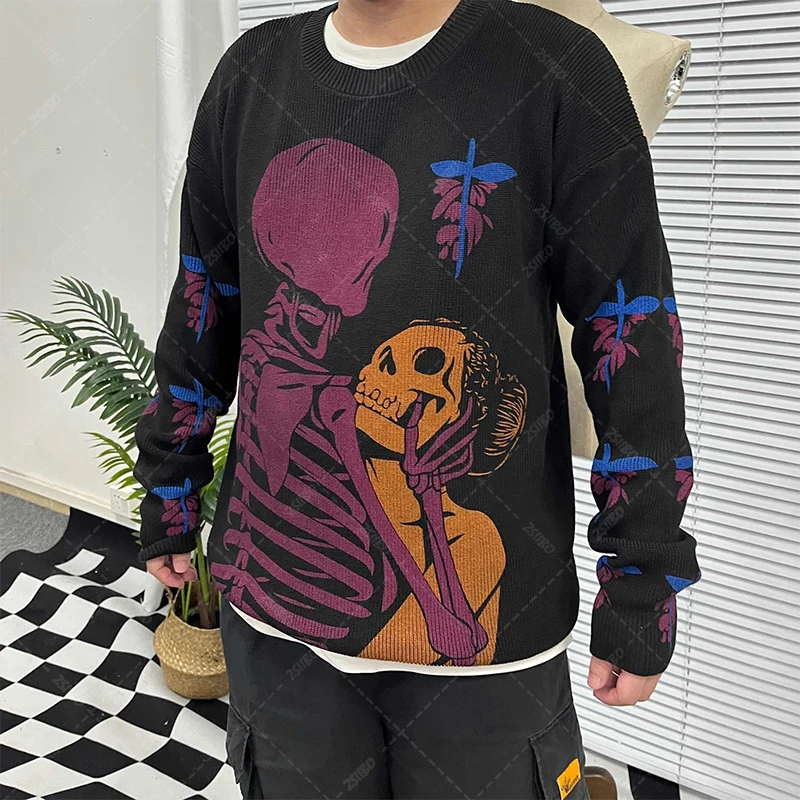 

Y2K Vintage Knitted Sweater Harajuku Skull Graffiti Pullover 2022 Autumn Streetwear Sweater Men Women Cotton Knitwear