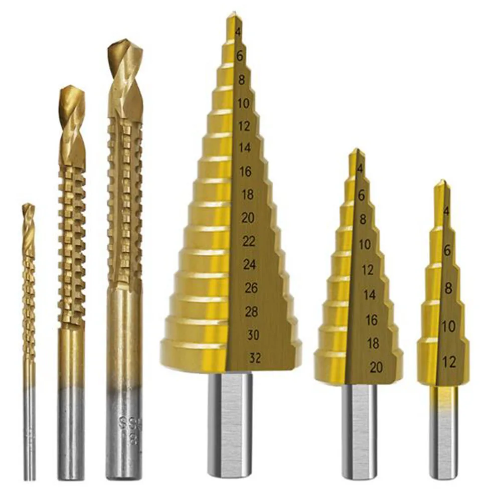 

6Pcs/set 4-12mm 4-20mm 4-32mm HSS Straight Groove Step Drill Bit Set Titanium Coated Wood Metal Hole Cutter Core Drill Bit Set