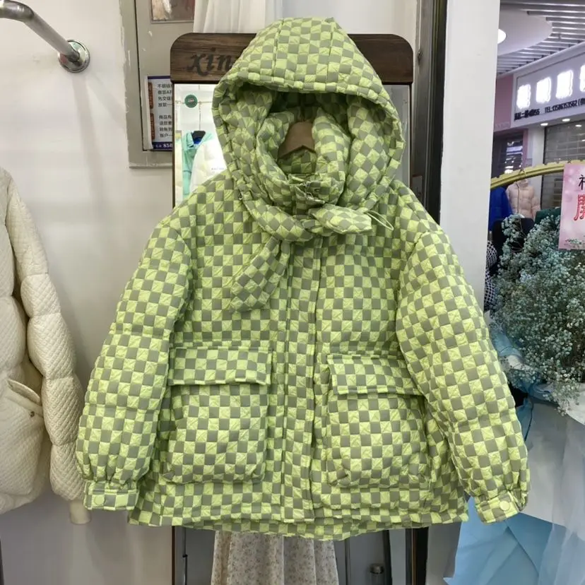 2023 New Winter Hooded Thickening Jacket Women Lattice White Duck Down Short Warm Coat Pockets Buttons Outwaist Tops M56