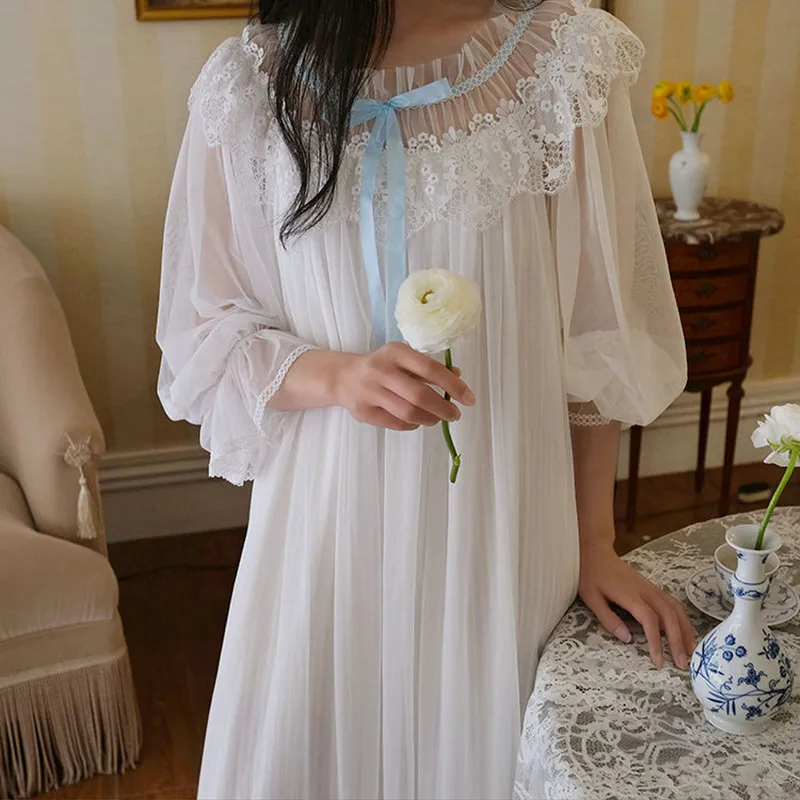 Princess Vintage Wedding Gown Sweet Lace Round Neck Long Nightgown Women Loose Full Sleeves Mid-Calf Pure Cotton Lining Nightie