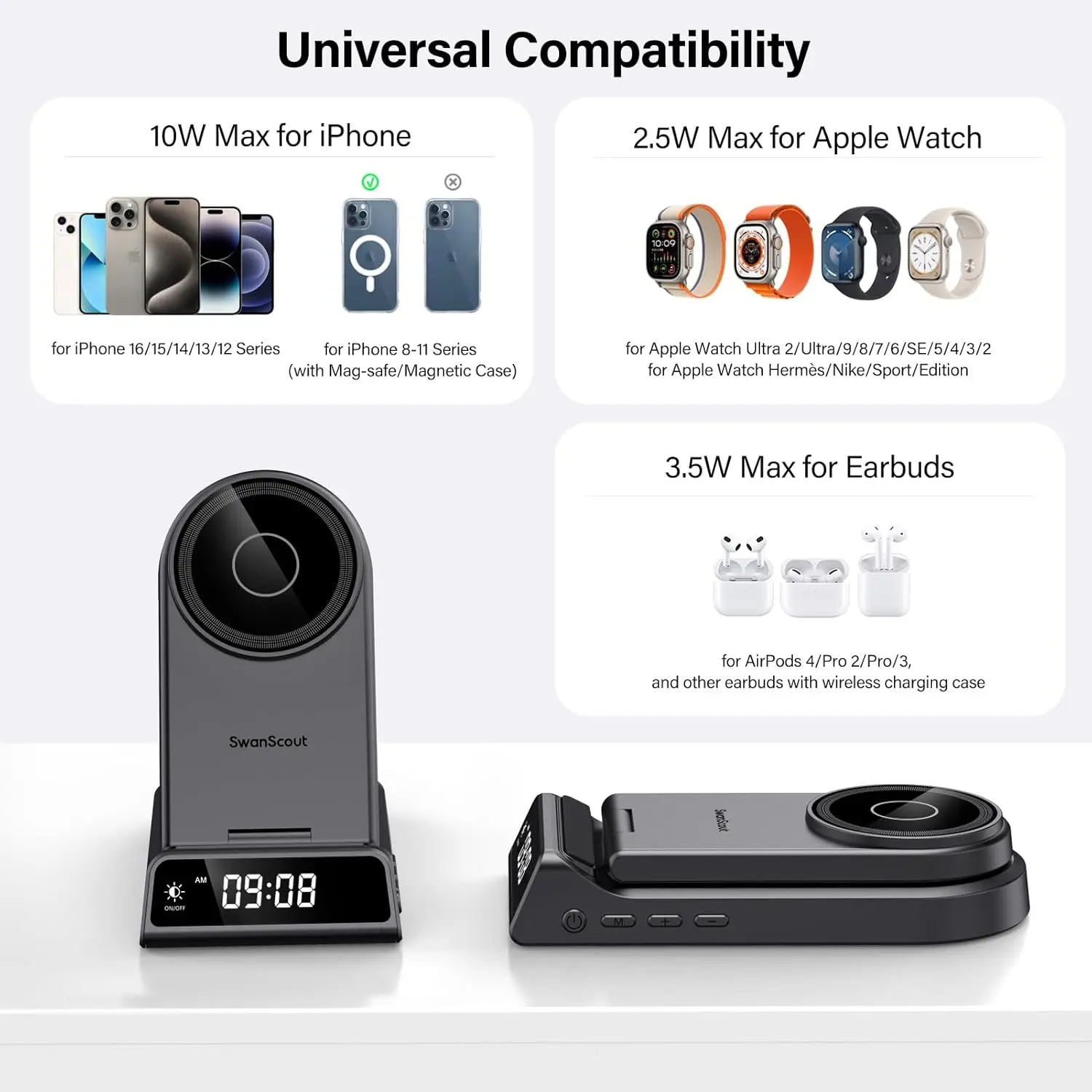 Магнитное зарядное устройство SwanScout 702M для iPhone 16 15 14 13 12 серии беспроводное Apple Watch