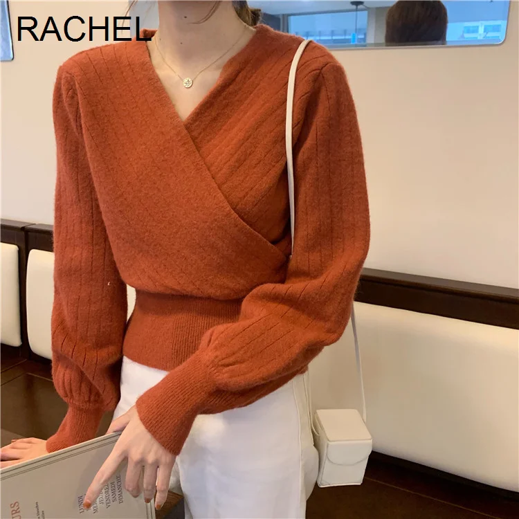 

Облегающий свитер с V-образным вырезом, Осенний французский пуловер с длинным рукавом, женский свитер