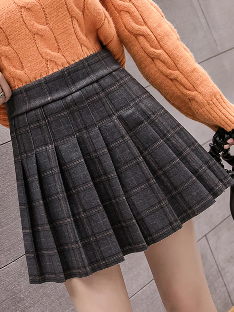 

Elastic Elastic Waist Wool Plaid Pleated Skirt Short Skirt High Waist Light Proof Thin Women's Spring And Autumn A-line Skirt