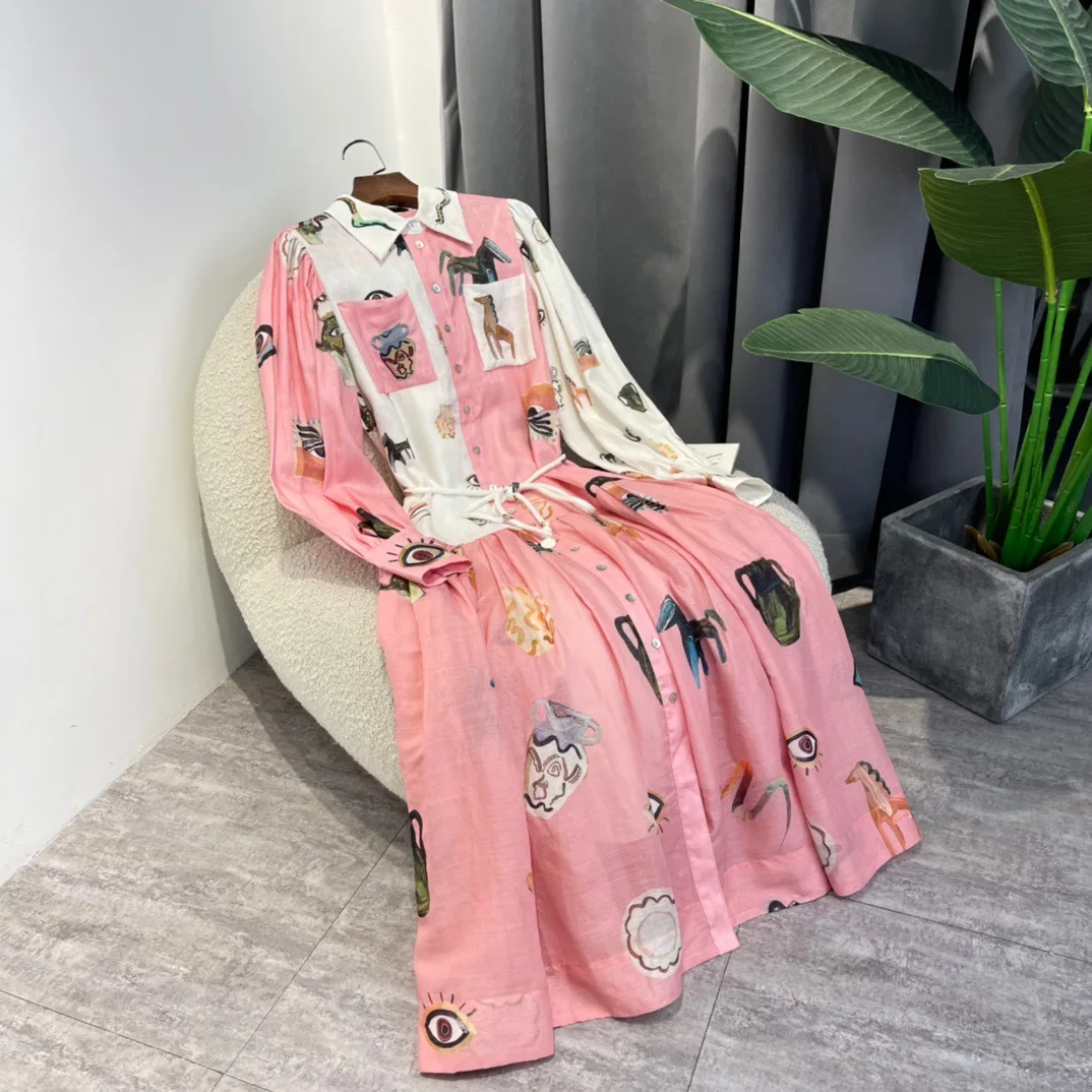 

High Quality 2023 Hot Sale Pink Animals Cartoon Embroidery Midi Dress for Women