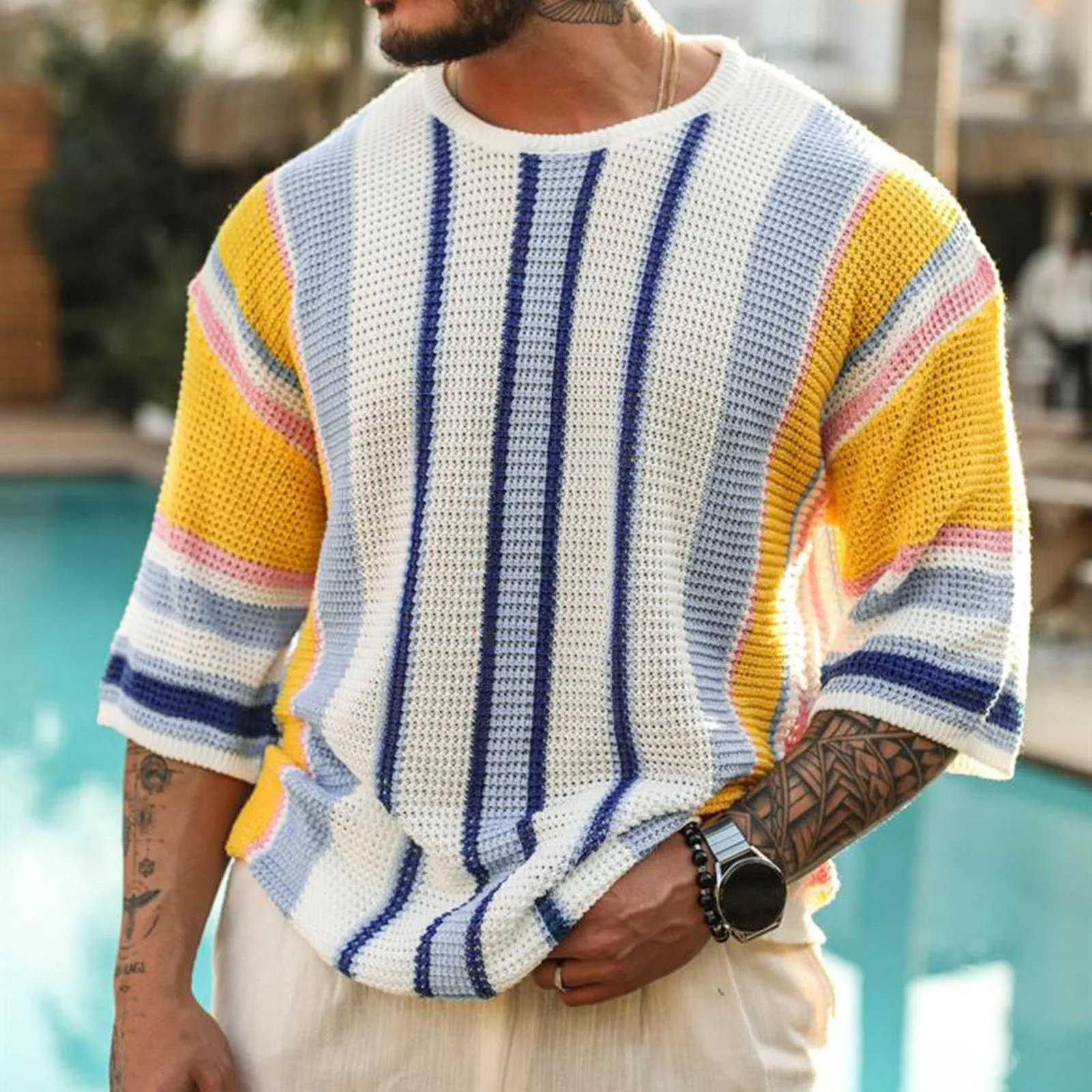 

Men Striped Knitted Sweater Oversize Color Matching Round Neck Top Male Autumn And Winter Coat 3/4-Sleeve Vacation Male Clothing