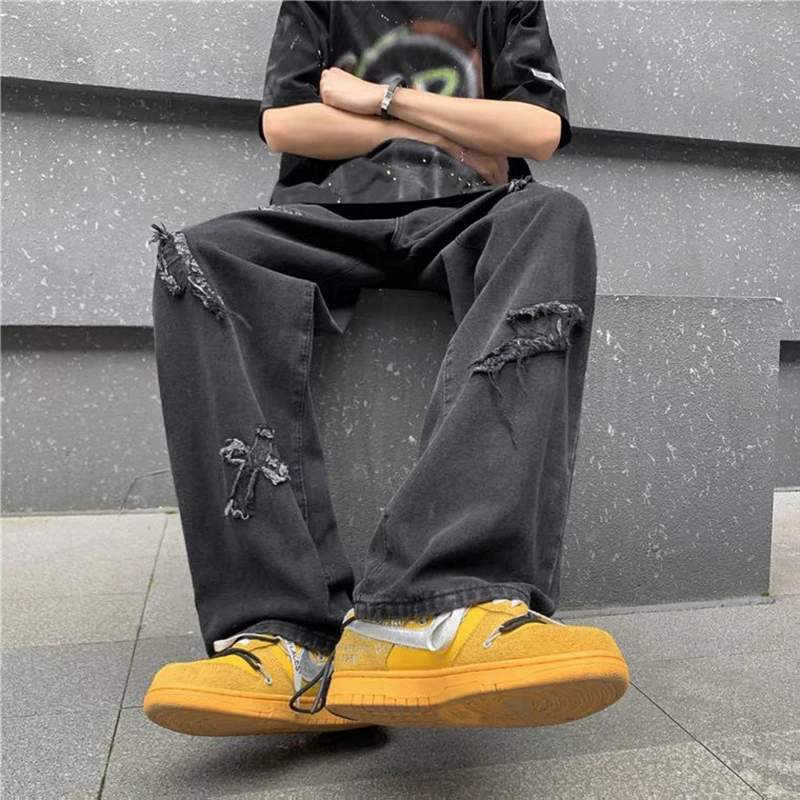 2022 Jeans Broken Chaogao Street Men's Retro Black Casual Long Pants baggy jeans  traf zara homme  jeans for men