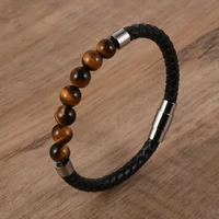 men natural stone tiger eye lava rock bracelets hematite beaded genuine leather stainless steel magnetic buckle fashion jewelry
