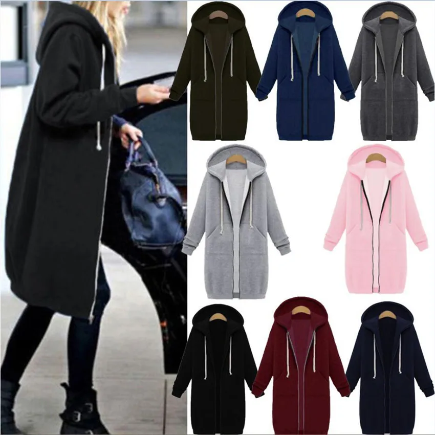 

2020 Autumn Winter Casual Women Long Hoodies Sweatshirt Coat Zip Up Outerwear Hooded Jacket Plus Size Outwear Tops